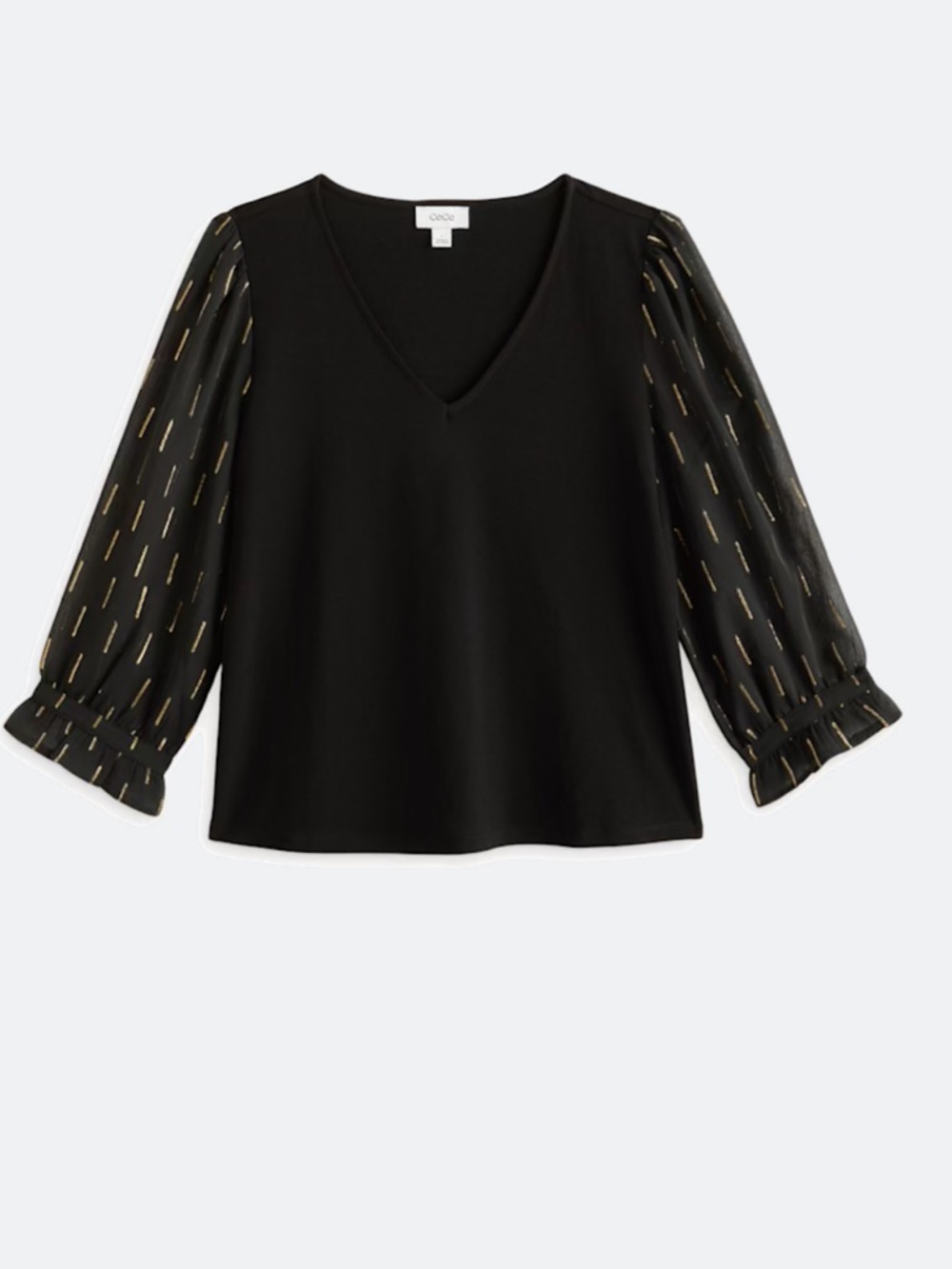 NWT CECE SPORTSWEAR Sheer Sleeve V-Neck Mixed Media Top.  Black.  Size XL
